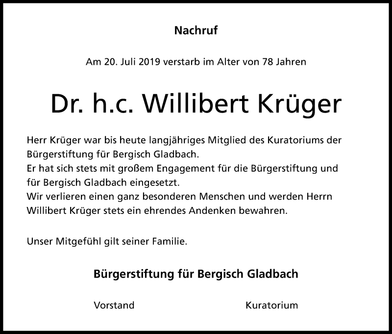  Traueranzeige für Willibert Krüger vom 18.07.2023 aus Kölner Stadt-Anzeiger / Kölnische Rundschau / Express