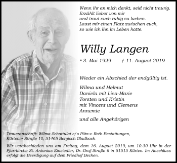 Anzeige von Willy Langen von Kölner Stadt-Anzeiger / Kölnische Rundschau / Express