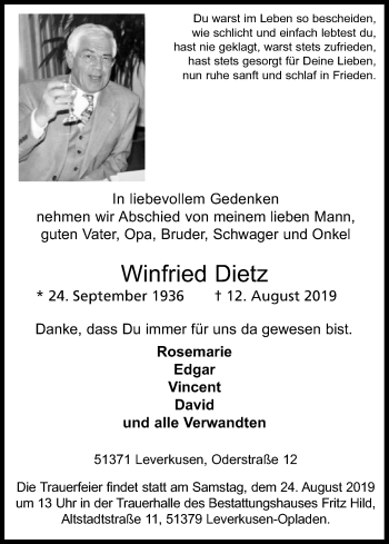 Anzeige von Winfried Dietz von Kölner Stadt-Anzeiger / Kölnische Rundschau / Express