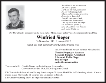 Anzeige von Winfried Sieger von  Werbepost 