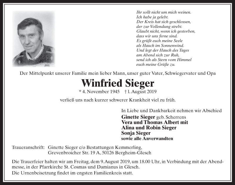  Traueranzeige für Winfried Sieger vom 07.08.2019 aus  Werbepost 