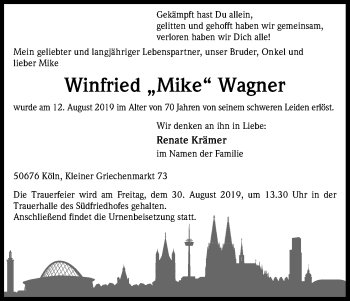 Anzeige von Winfried Wagner von Kölner Stadt-Anzeiger / Kölnische Rundschau / Express