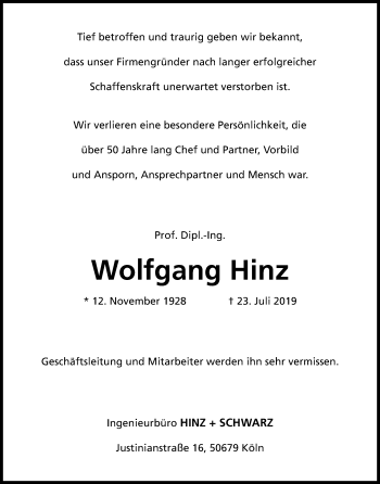 Anzeige von Wolfgang Hinz von Kölner Stadt-Anzeiger / Kölnische Rundschau / Express