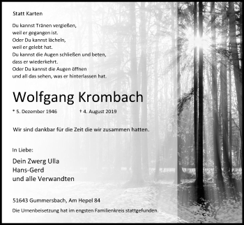 Anzeige von Wolfgang Krombach von Kölner Stadt-Anzeiger / Kölnische Rundschau / Express