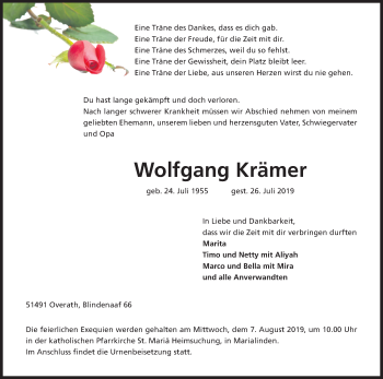 Anzeige von Wolfgang Krämer von Kölner Stadt-Anzeiger / Kölnische Rundschau / Express