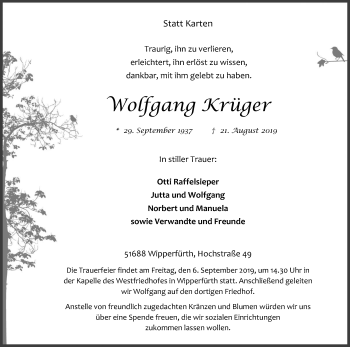 Anzeige von Wolfgang Krüger von Kölner Stadt-Anzeiger / Kölnische Rundschau / Express