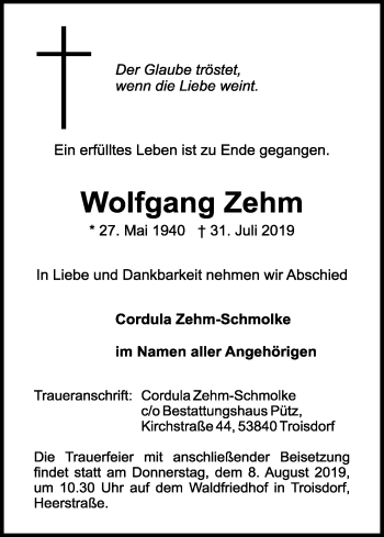 Anzeige von Wolfgang Zehm von Kölner Stadt-Anzeiger / Kölnische Rundschau / Express