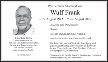 Anzeige von Wulf Frank von  Sonntags-Post 
