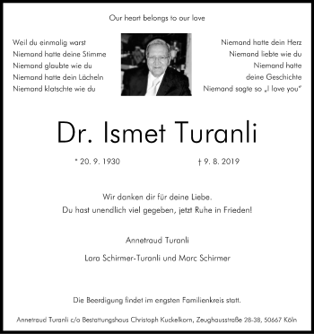 Anzeige von lsmet Turanli von Kölner Stadt-Anzeiger / Kölnische Rundschau / Express