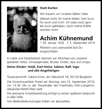 Anzeige von Achim Kühnemund von Kölner Stadt-Anzeiger / Kölnische Rundschau / Express