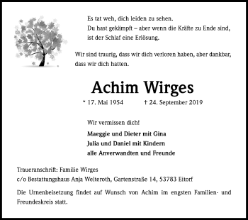 Anzeige von Achim Wirges von Kölner Stadt-Anzeiger / Kölnische Rundschau / Express