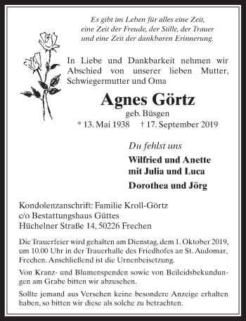 Anzeige von Agnes Görtz von  Wochenende 