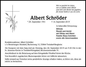 Anzeige von Albert Schröder von Kölner Stadt-Anzeiger / Kölnische Rundschau / Express