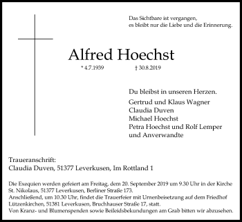Anzeige von Alfred Hoechst von Kölner Stadt-Anzeiger / Kölnische Rundschau / Express
