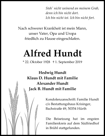 Anzeige von Alfred Hundt von Kölner Stadt-Anzeiger / Kölnische Rundschau / Express