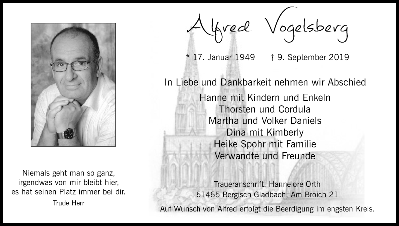  Traueranzeige für Alfred Vogelsberg vom 14.09.2019 aus Kölner Stadt-Anzeiger / Kölnische Rundschau / Express