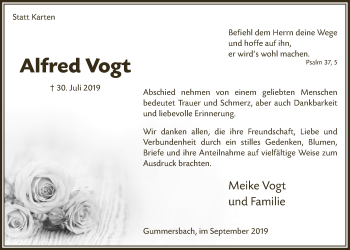 Anzeige von Alfred Vogt von  Anzeigen Echo 