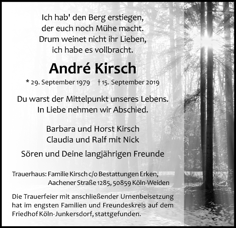  Traueranzeige für Andre Kirsch vom 28.09.2019 aus Kölner Stadt-Anzeiger / Kölnische Rundschau / Express