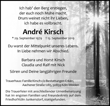 Anzeige von Andre Kirsch von Kölner Stadt-Anzeiger / Kölnische Rundschau / Express