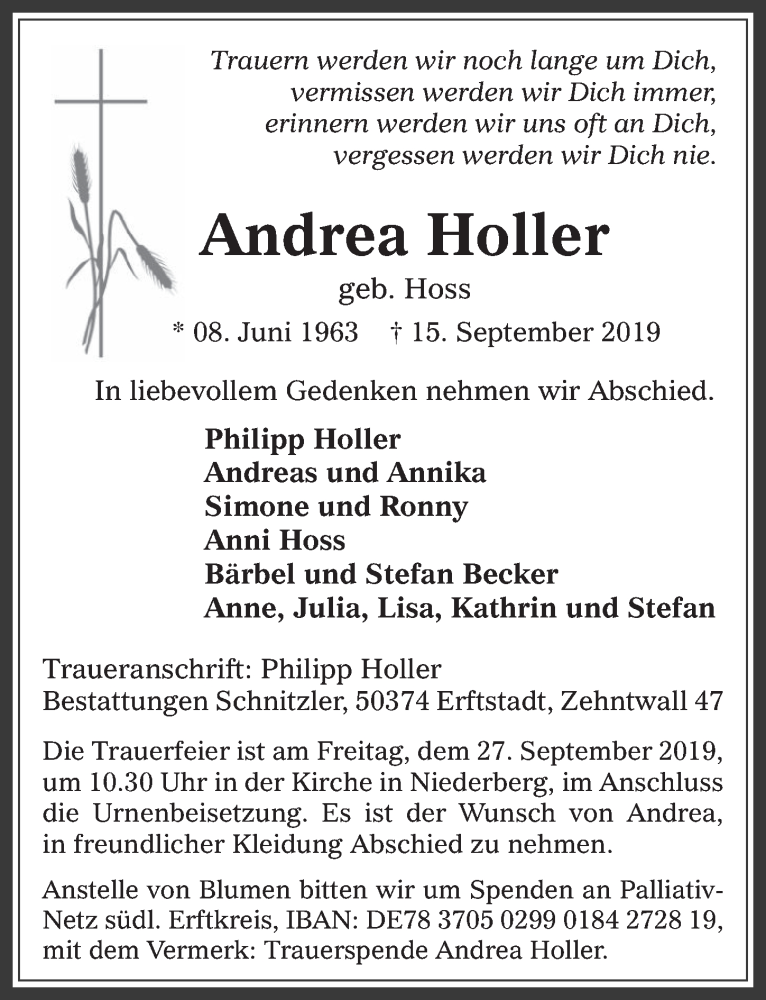  Traueranzeige für Andrea Holler vom 25.09.2019 aus  Werbepost 