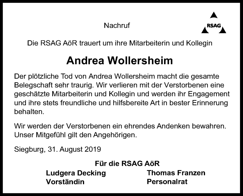  Traueranzeige für Andrea Wollersheim vom 31.08.2019 aus Kölner Stadt-Anzeiger / Kölnische Rundschau / Express