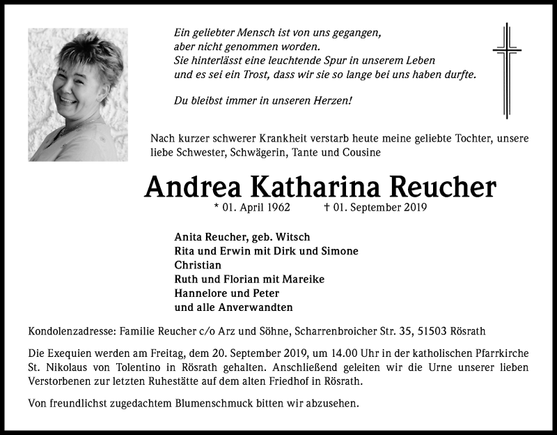  Traueranzeige für Andrea Katharina Reucher vom 14.09.2019 aus Kölner Stadt-Anzeiger / Kölnische Rundschau / Express