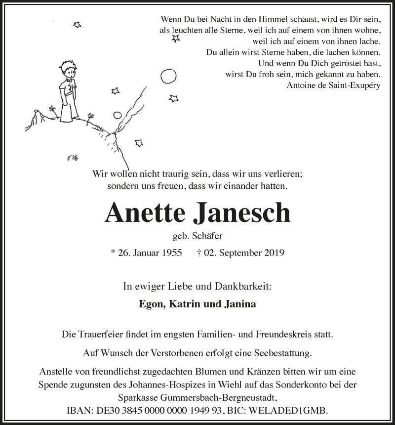  Traueranzeige für Anette Janesch vom 11.09.2019 aus  Anzeigen Echo 