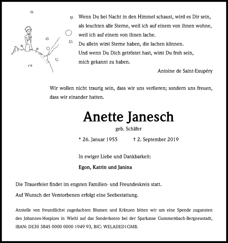  Traueranzeige für Anette Janesch vom 07.09.2019 aus Kölner Stadt-Anzeiger / Kölnische Rundschau / Express