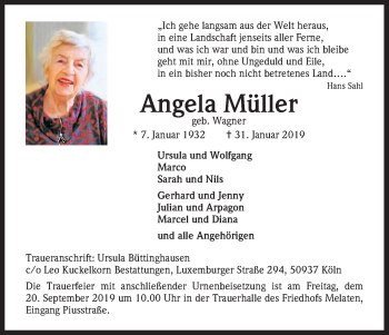 Anzeige von Angela Müller von Kölner Stadt-Anzeiger / Kölnische Rundschau / Express