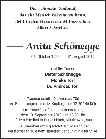 Anzeige von Anita Schönegge von  Kölner Wochenspiegel 