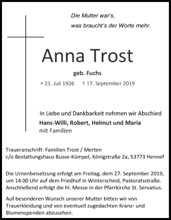 Anzeige von Anna Trost von Kölner Stadt-Anzeiger / Kölnische Rundschau / Express