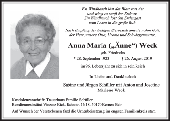 Anzeige von Anna Maria Änne Weck von  Sonntags-Post 