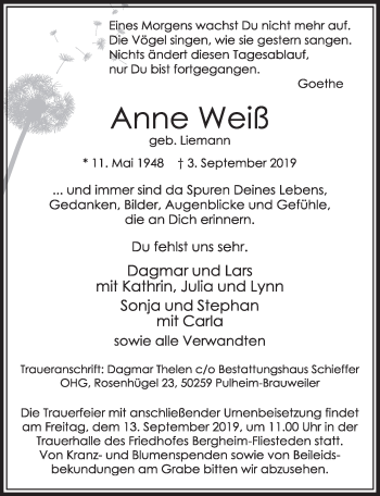 Anzeige von Anne Weiß von  Sonntags-Post 
