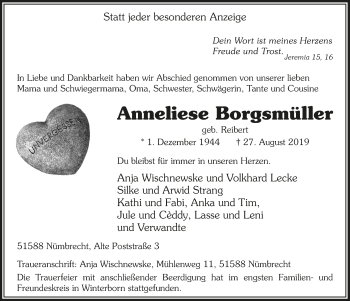 Anzeige von Anneliese Borgsmüller von  Lokalanzeiger 