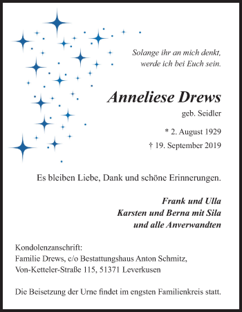 Anzeige von Anneliese Drews von Kölner Stadt-Anzeiger / Kölnische Rundschau / Express