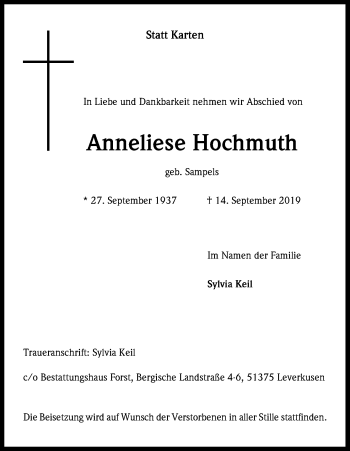 Anzeige von Anneliese Hochmuth von Kölner Stadt-Anzeiger / Kölnische Rundschau / Express