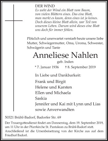 Anzeige von Anneliese Nahlen von  Schlossbote/Werbekurier 
