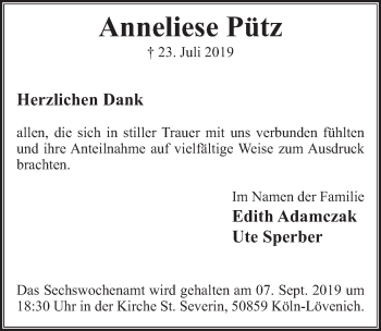 Anzeige von Anneliese Pütz von  Kölner Wochenspiegel 