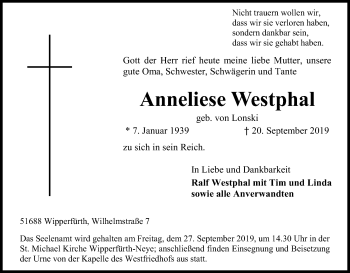 Anzeige von Anneliese Westphal von Kölner Stadt-Anzeiger / Kölnische Rundschau / Express