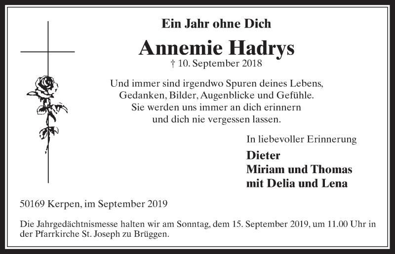  Traueranzeige für Annemie Hadrys vom 11.09.2019 aus  Werbepost 