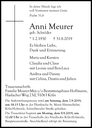 Anzeige von Anni Meurer von Kölner Stadt-Anzeiger / Kölnische Rundschau / Express