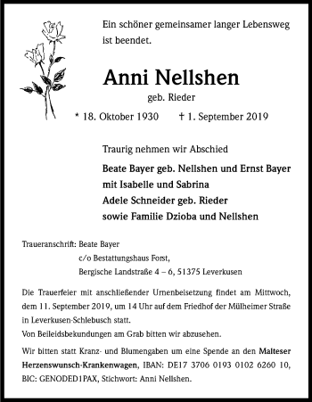 Anzeige von Anni Nellshen von Kölner Stadt-Anzeiger / Kölnische Rundschau / Express