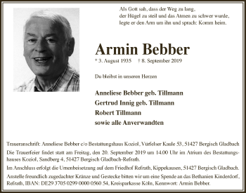 Anzeige von Armin Bebber von  Bergisches Sonntagsblatt 