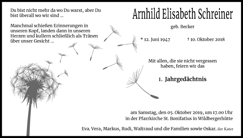  Traueranzeige für Arnhild Elisabeth Schreiner vom 30.09.2019 aus Kölner Stadt-Anzeiger / Kölnische Rundschau / Express