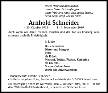 Anzeige von Arnhold Schneider von Kölner Stadt-Anzeiger / Kölnische Rundschau / Express