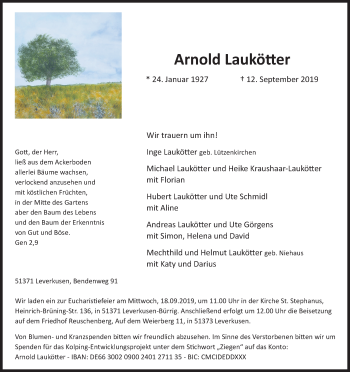 Anzeige von Arnold Laukötter von Kölner Stadt-Anzeiger / Kölnische Rundschau / Express