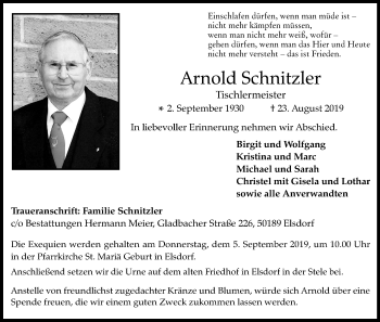 Anzeige von Arnold Schnitzler von Kölner Stadt-Anzeiger / Kölnische Rundschau / Express