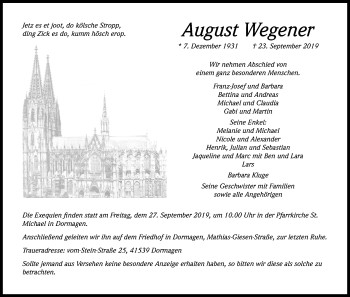 Anzeige von August Wegener von Kölner Stadt-Anzeiger / Kölnische Rundschau / Express