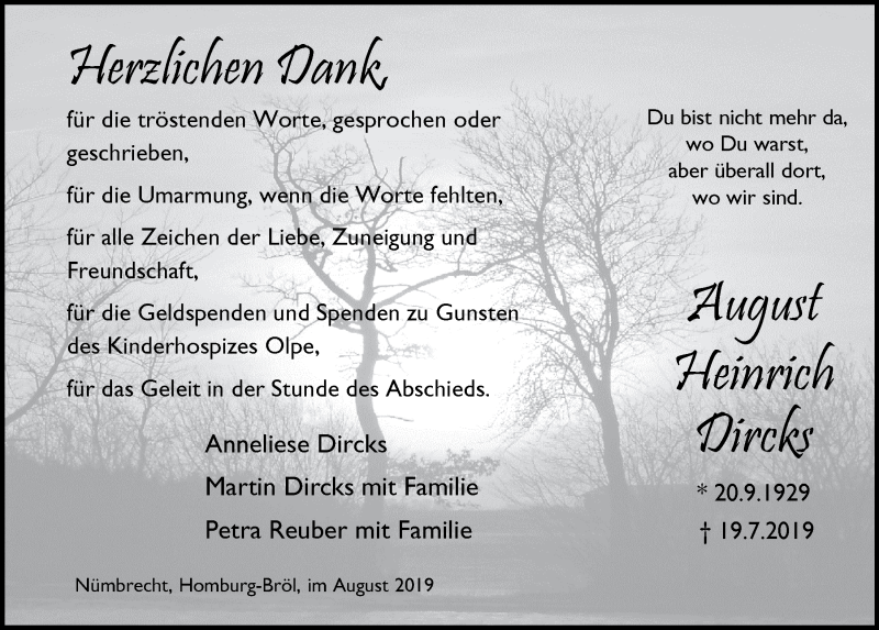  Traueranzeige für August Heinrich Dircks vom 04.09.2019 aus  Anzeigen Echo  Lokalanzeiger 