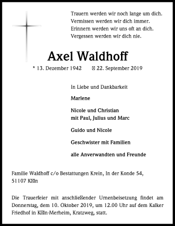 Anzeige von Axel Waldhoff von Kölner Stadt-Anzeiger / Kölnische Rundschau / Express